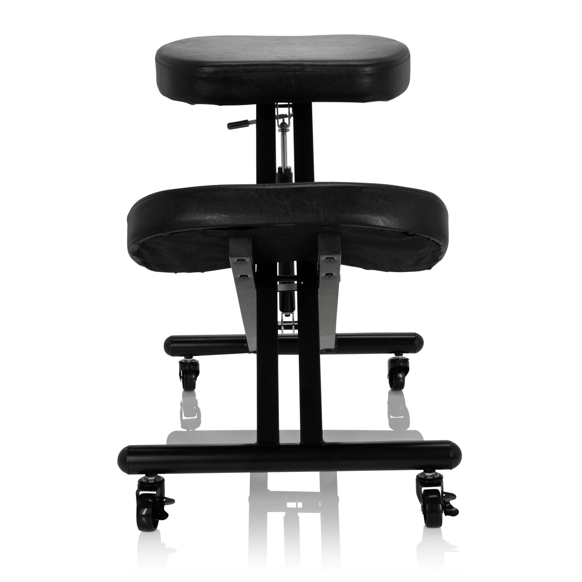 Silla ergonómica de rodillas ORTHONI negra con almohadillas acolchadas y base con ruedas de hjh OFFICE – vista de 360° (vista frontal 0°)