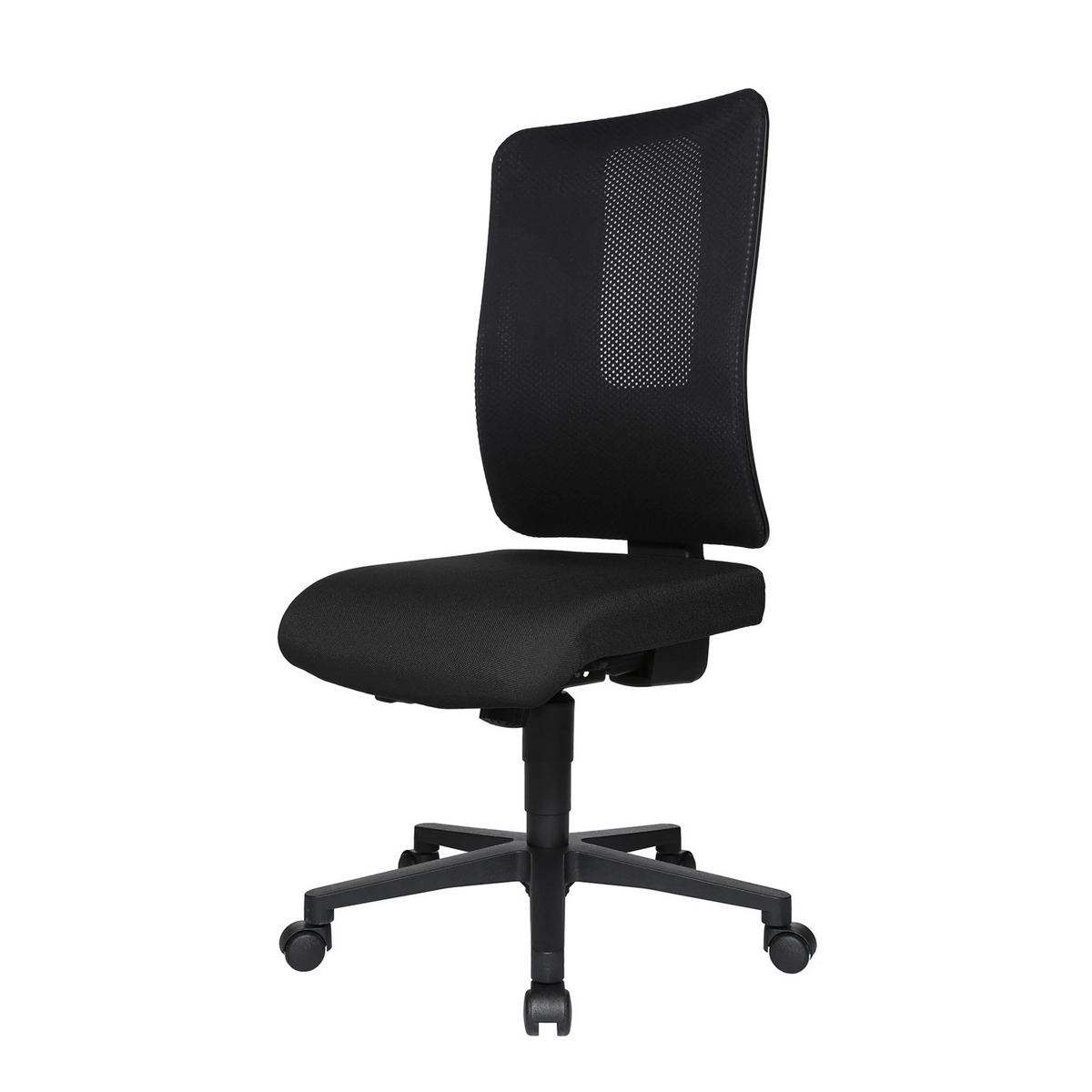 Silla de oficina profesional HJH WORK BASIC negra con respaldo de malla y base de cinco ruedas de Topstar – vista de 360° (vista frontal en diagonal 300°)