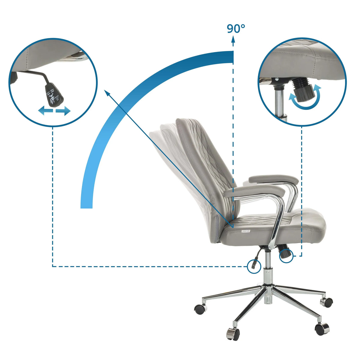 Ajustes del respaldo hasta 90 grados y de la altura del asiento del sillón de oficina Home Office THEO I de hjh OFFICE
