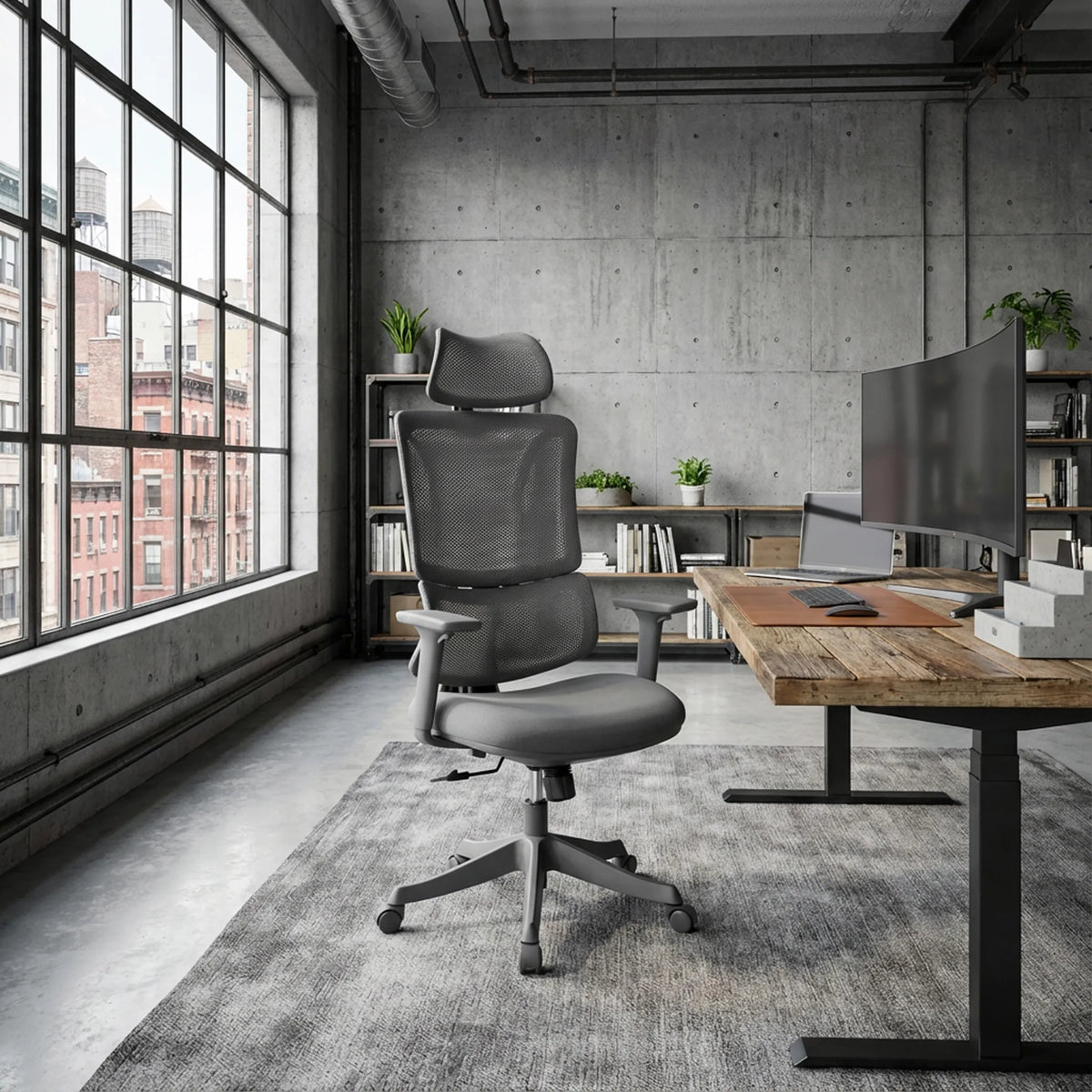 Silla Home Office Ergomy Colore gris con malla 3D y reposacabezas de MyBuero