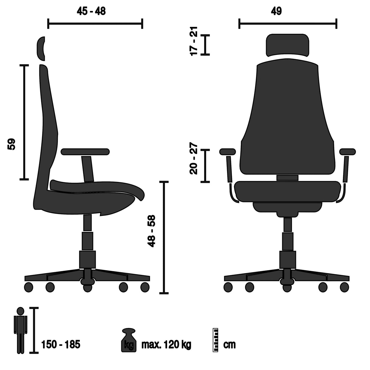 Dibujo técnico de la Silla de oficina profesional ERGO LINE W con una capacidad de carga máxima de 120 kg de hjh OFFICE
