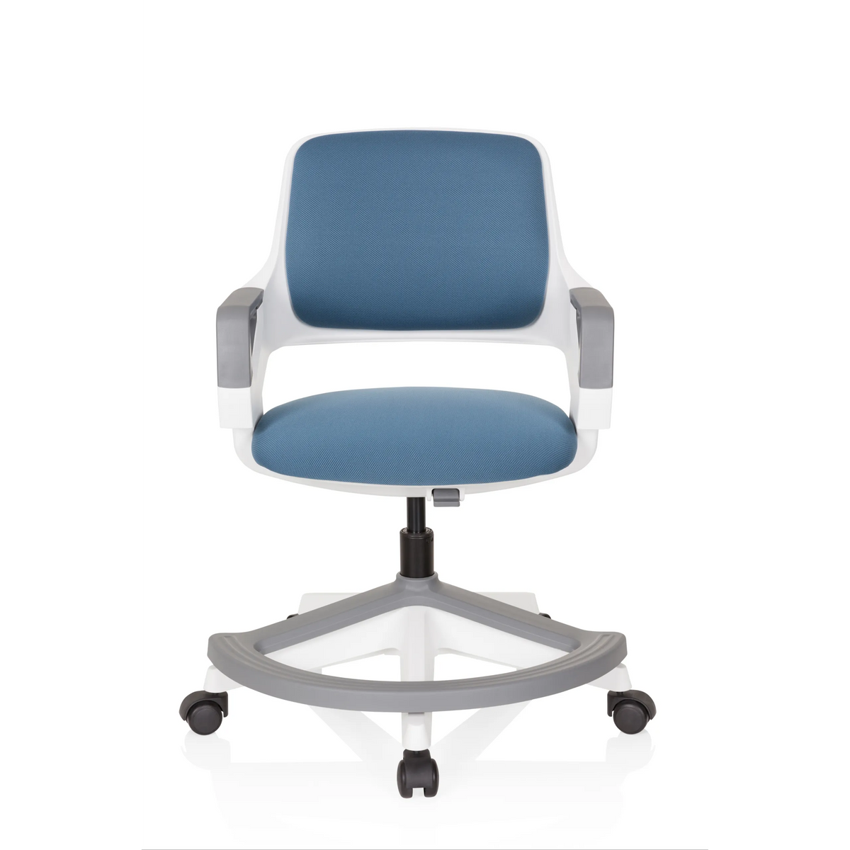 Silla giratoria para niños KID FLEX en color azul grisáceo con reposabrazos y base de cinco ruedas de hjh OFFICE – vista de 360° (vista frontal 0°)