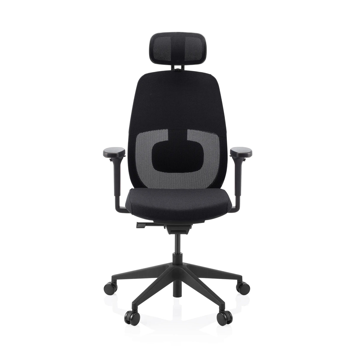 Silla de oficina profesional Skandis Pro negra con reposacabezas, respaldo de malla y base de cinco ruedas de hjh OFFICE – vista de 360° (vista frontal 0°)