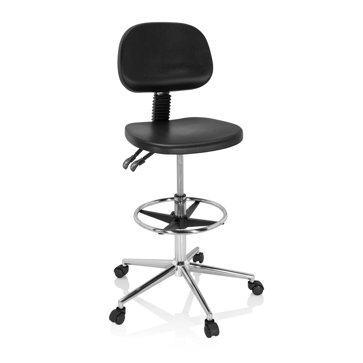 Silla de mostrador negra TOP WORK 24 I con reposapiés y base de cinco ruedas de hjh OFFICE – vista de 360° (vista frontal 20°)