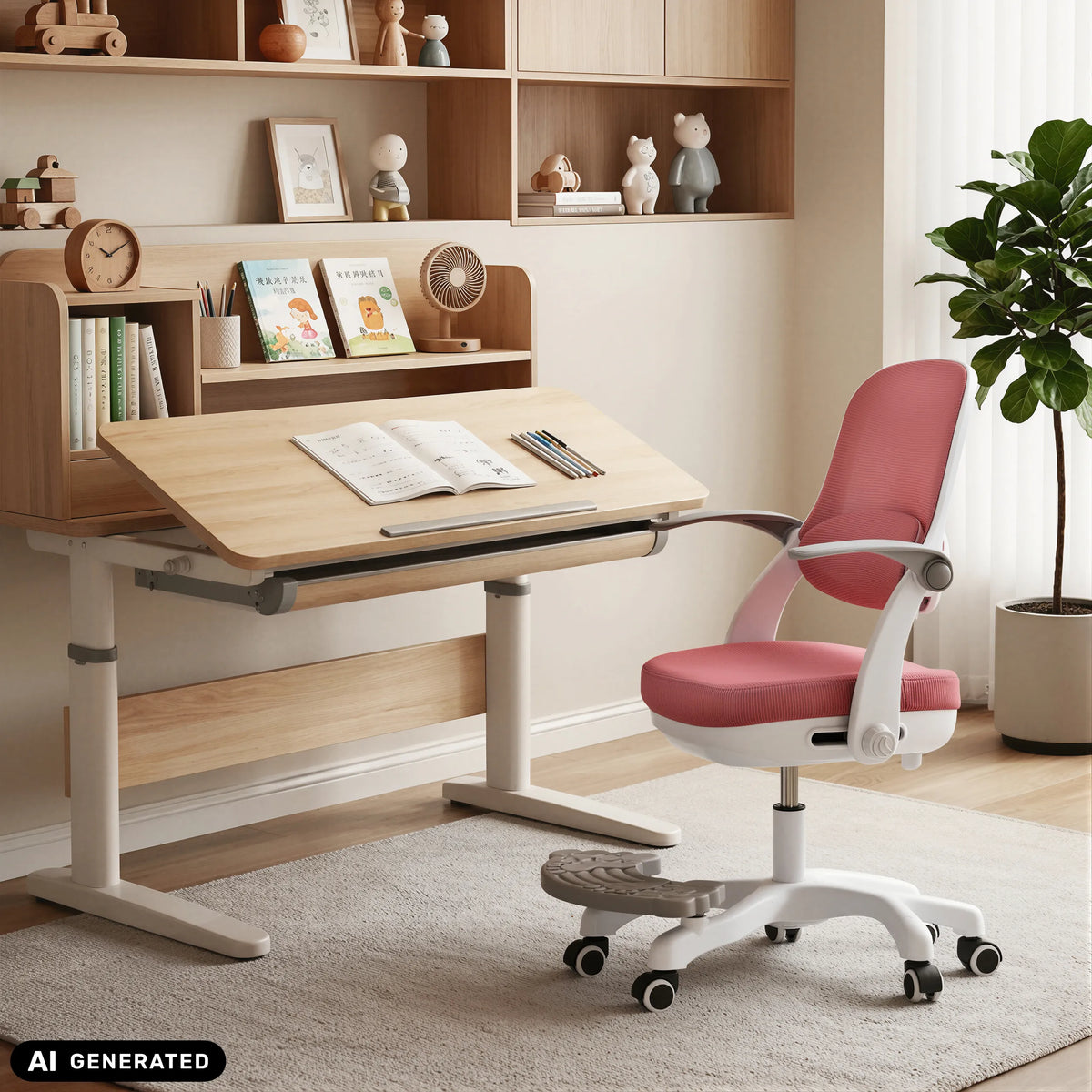 Silla giratoria para niños Kiddy Smart Step de color rosa en un escritorio regulable en altura de hjh OFFICE (imagen generada por IA)