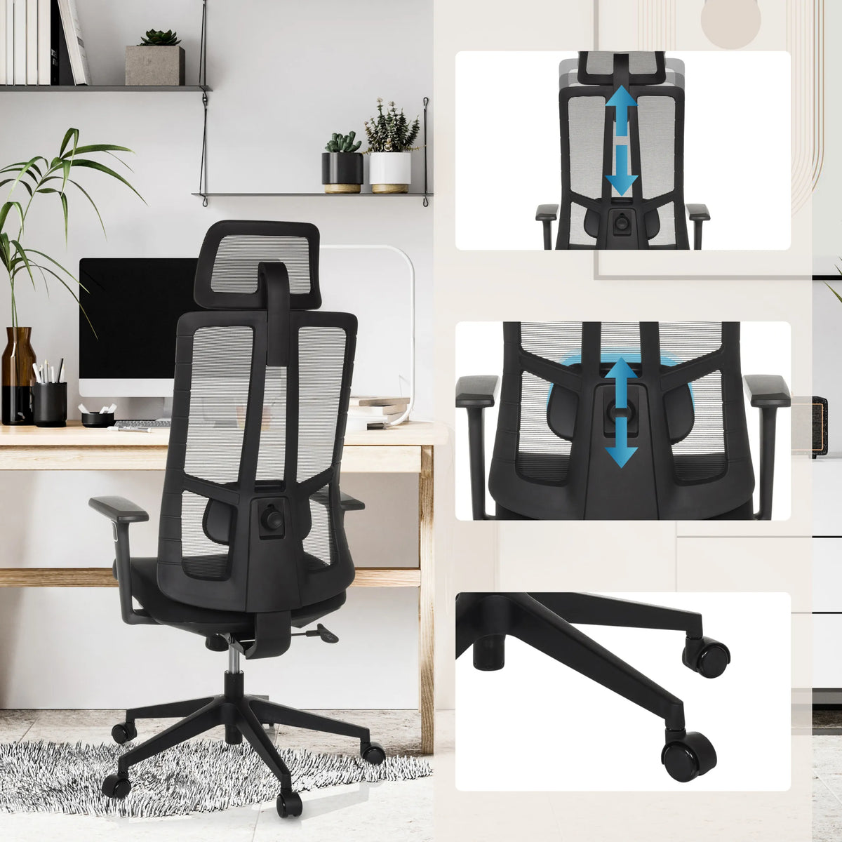 Reposacabezas ajustable en altura, soporte lumbar y ruedas de la Silla de oficina profesional TRAMORE de hjh OFFICE