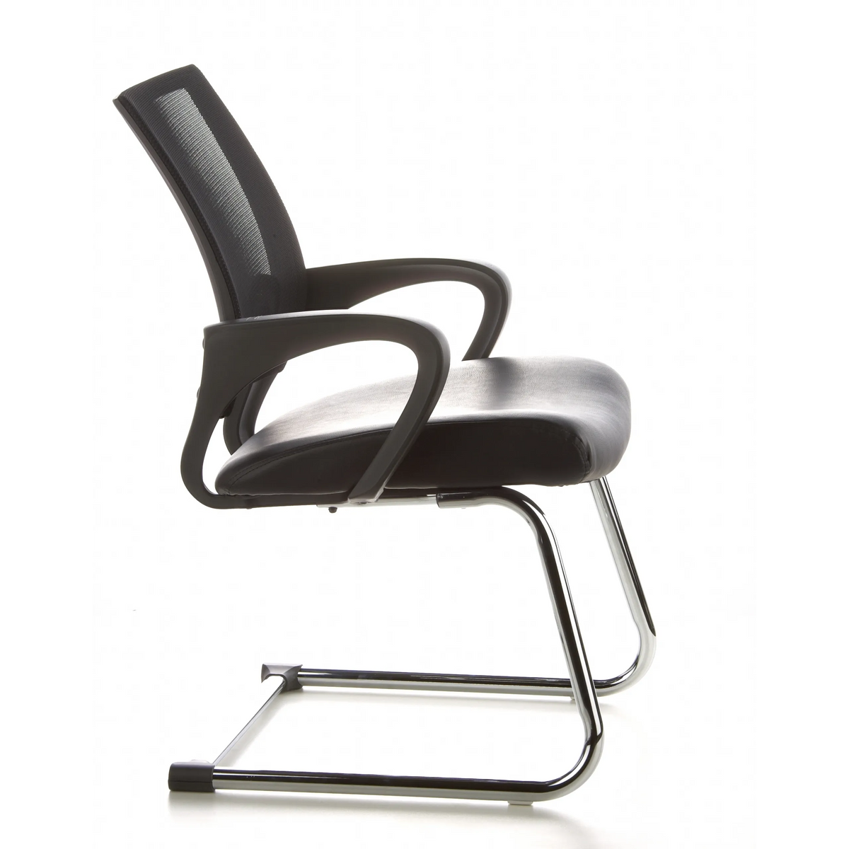 Silla de viga voladiza VISTO NET V negra con respaldo de malla, asiento acolchado y reposabrazos de hjh OFFICE – vista de 360° (vista lateral 80°)