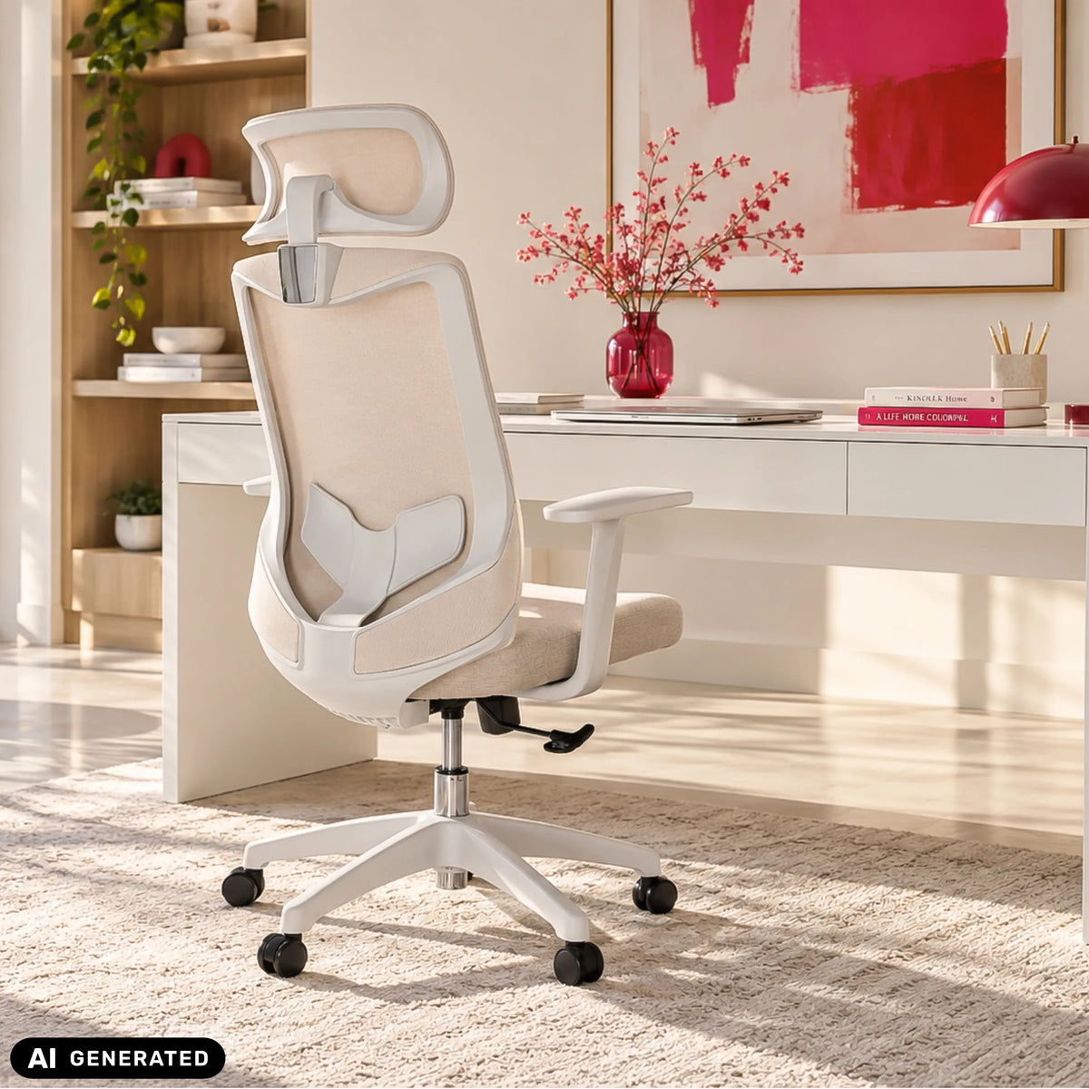 Silla Home Office MIKEO W en beige en un escritorio en una habitación iluminada de hjh OFFICE