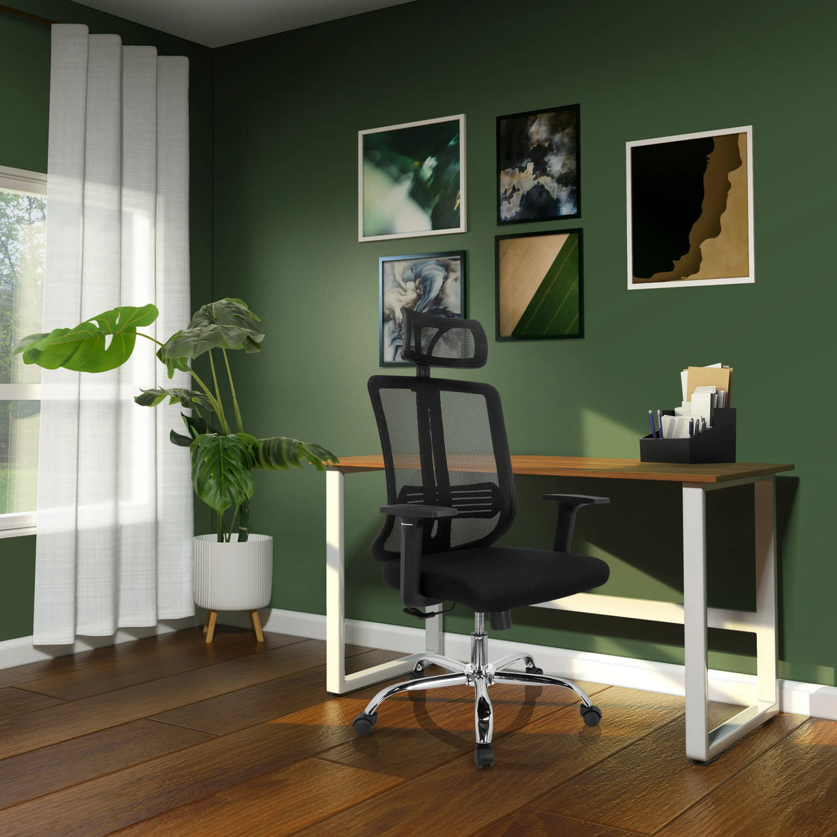 Silla Home Office ZH 200 negra con respaldo de malla y reposacabezas de hjh OFFICE
