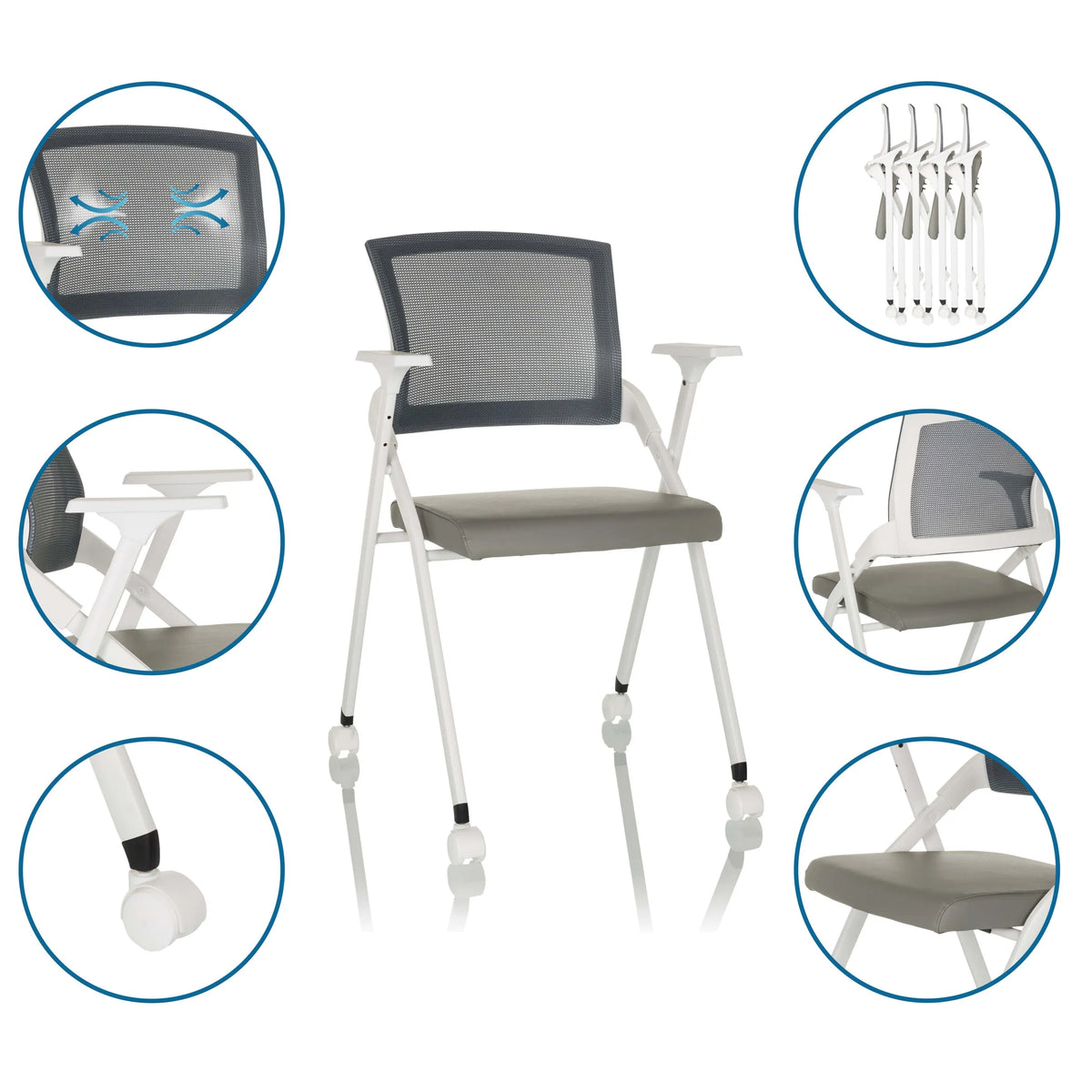 Silla plegable PRIORITY II W PU gris con respaldo de malla, reposabrazos y ruedas, incluyendo vistas de detalle de hjh OFFICE