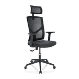 Silla Home Office BRETON B negra con respaldo de malla, reposacabezas y base de cinco ruedas de hjh OFFICE – vista de 360° (vista frontal en diagonal 40°)