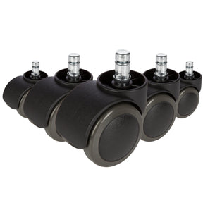 Fünf schwarze Stuhlrollen 5x ROLO 11mm/50mm für Hartböden mit silberfarbenen Bolzen von hjh OFFICE