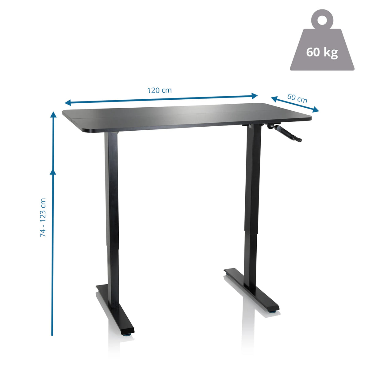 Dibujo dimensional del escritorio de pie STAND CR de 120 x 60 cm y una capacidad de carga de 60 kg de hjh OFFICE