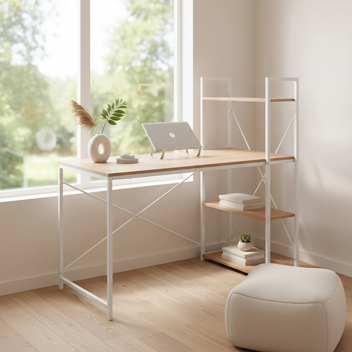 Escritorio Easy Up3 en blanco y roble con estante integrado y estructura metálica blanca de hjh LIVING