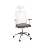 Silla de oficina profesional ASPEN WHITE PRO en gris y blanco con respaldo de malla, reposacabezas y base de cinco ruedas de hjh OFFICE – vista de 360° (vista frontal 20°)