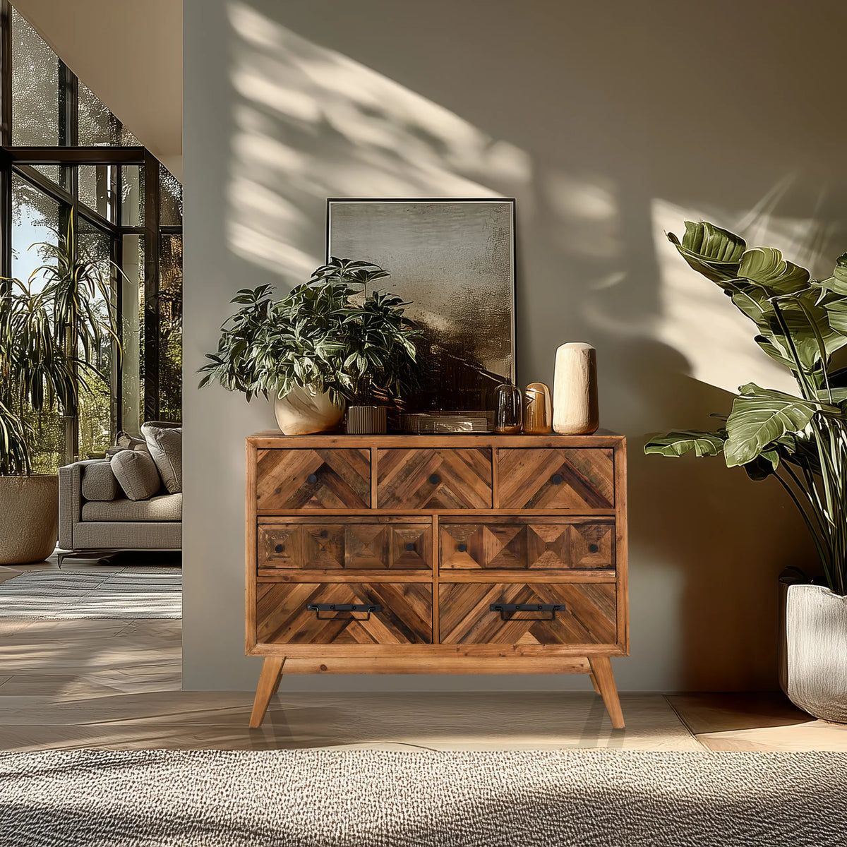 Sideboard SANTJAGO WOOD XL in dunkelbrauner Holzoptik mit sechs Schubladen und schwarzen Griffen von hjh LIVING