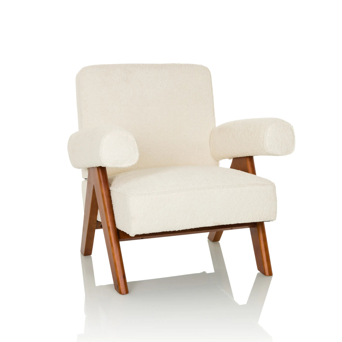 Sillón de diseño POOLY blanco con tapizado estructurado y patas de madera oscura de hjh LIVING – vista de 360° (vista frontal 15°)