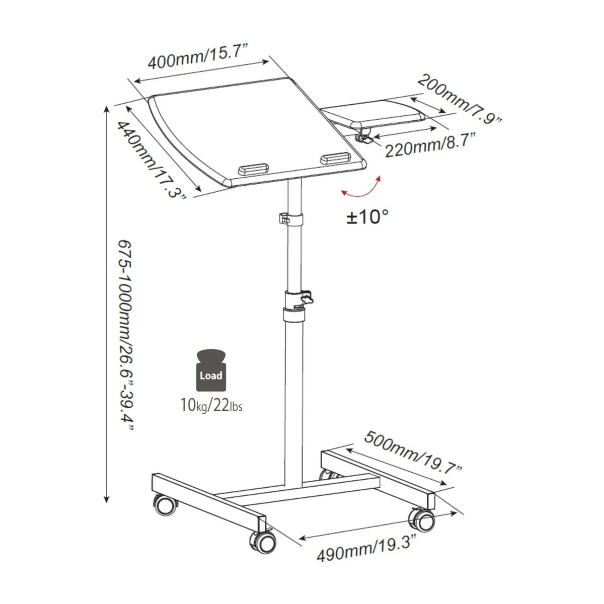 Dibujo técnico del escritorio de pie VM-SL con una altura de 675 a 1000 mm de hjh OFFICE