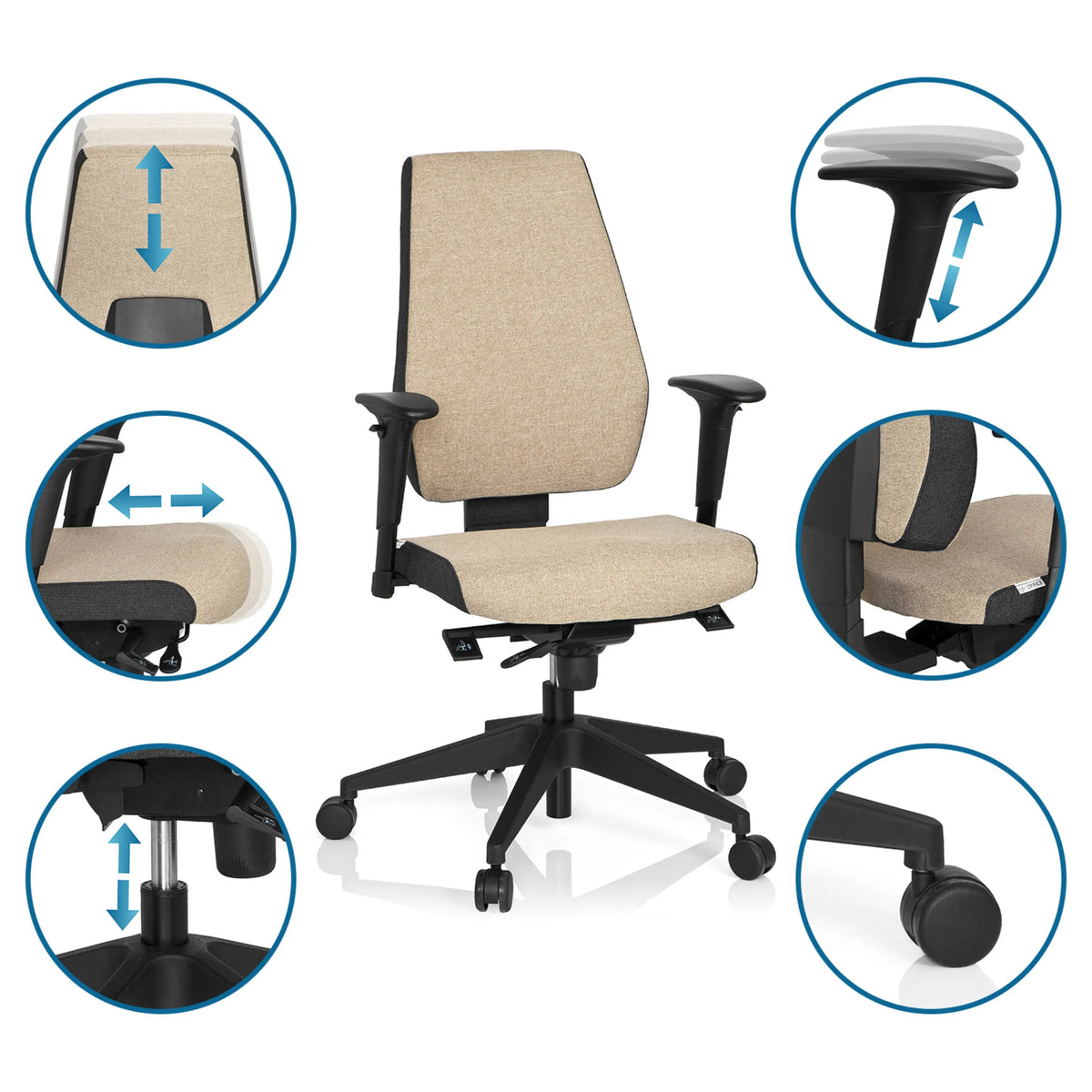 Funciones ajustables de la Silla de oficina profesional PRO-TEC 500 en beige con ruedas y pistón de gas de hjh OFFICE