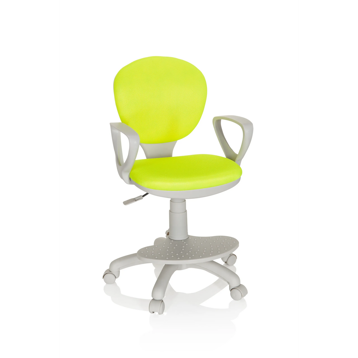 Silla giratoria para niños KID COLOUR G1 verde con reposabrazos grises y base de cinco ruedas de hjh OFFICE – vista de 360° (vista frontal 20°)