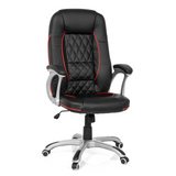 Silla gaming RELAX AB100 negra con costuras decorativas rojas, acolchado y base de cinco ruedas de MyBuero – vista de 360° (vista frontal 20°)