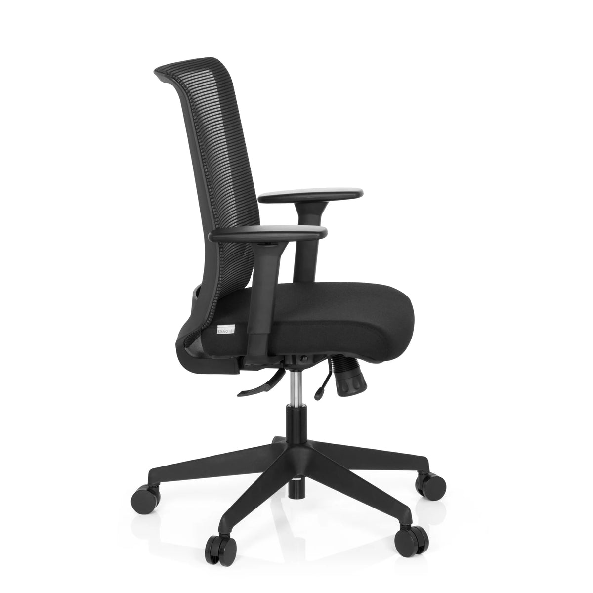 Silla de oficina profesional CONISTON negra con respaldo de malla y base de cinco ruedas de hjh OFFICE – vista de 360° (vista lateral 80°)