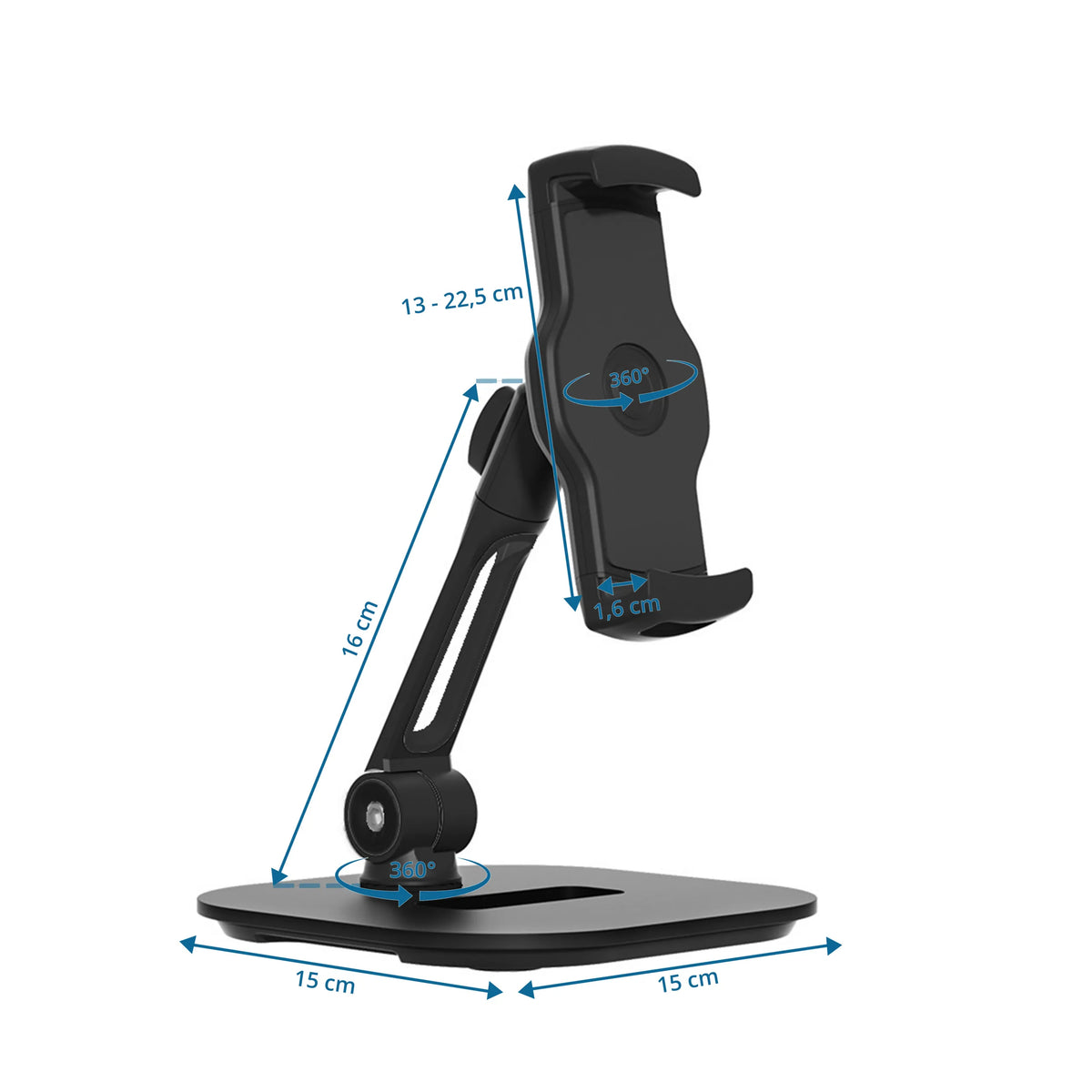 Dibujo dimensional del Soporte para teléfono móvil y tableta FLEXMOBI IV con base de 15 × 15 cm de hjh OFFICE