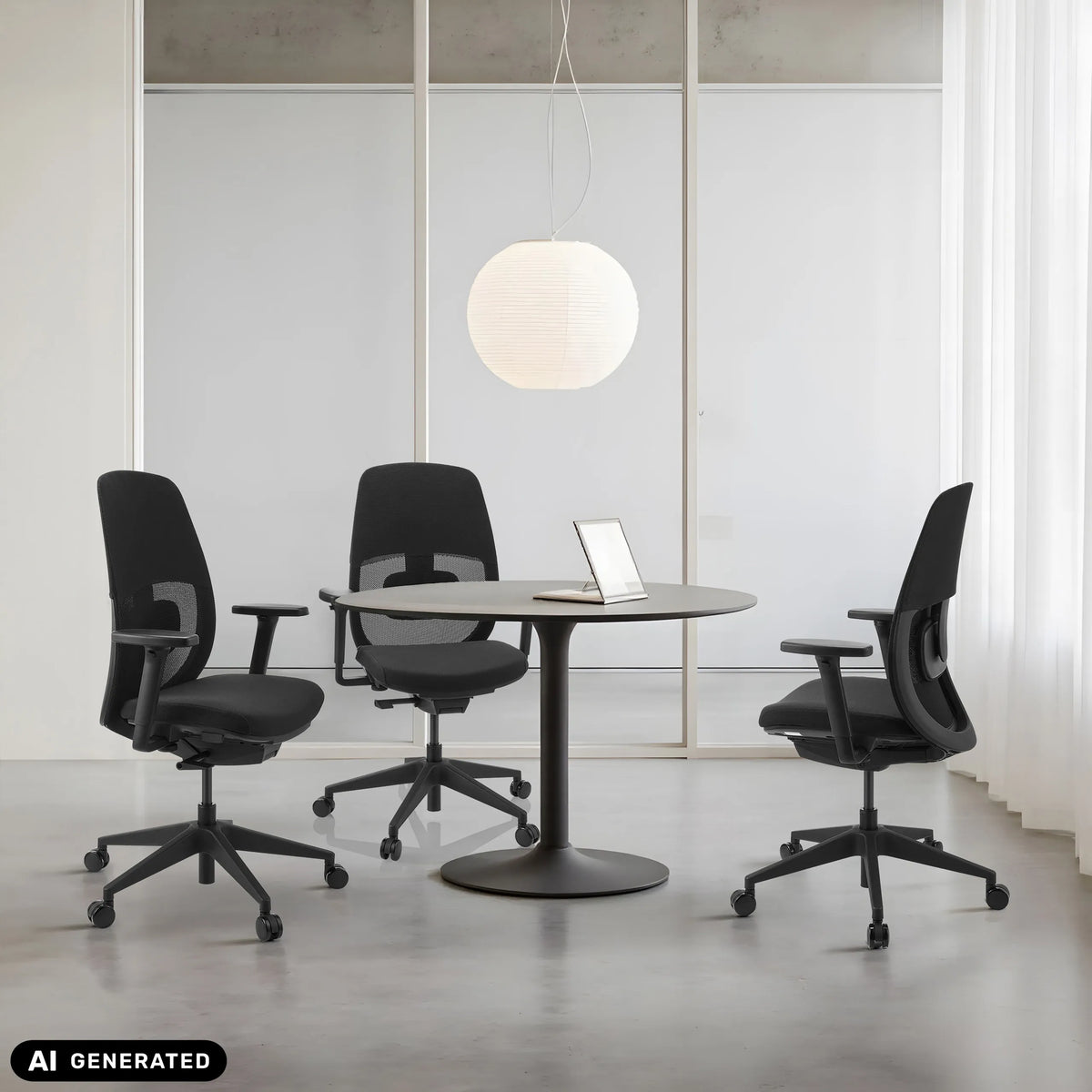 Tres sillas de oficina profesionales Skandis en color negro en una mesa redonda de hjh OFFICE (imagen generada por IA)