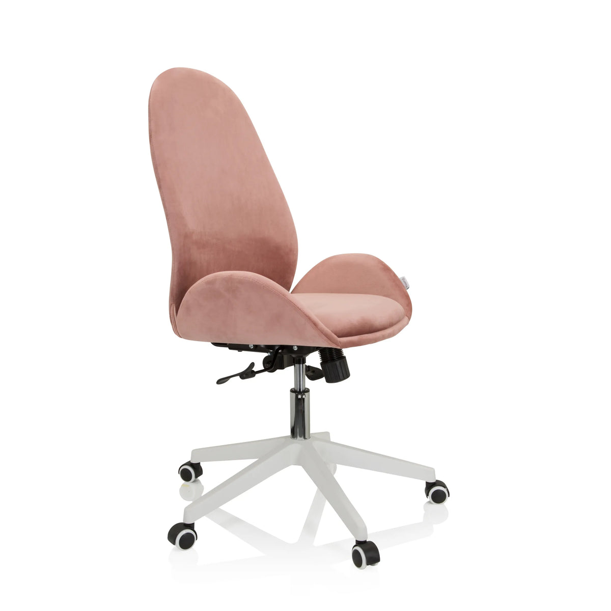 Silla Home Office AVEA rosa con reposabrazos y base blanca de cinco ruedas de hjh OFFICE – vista de 360° (vista frontal en diagonal 60°)