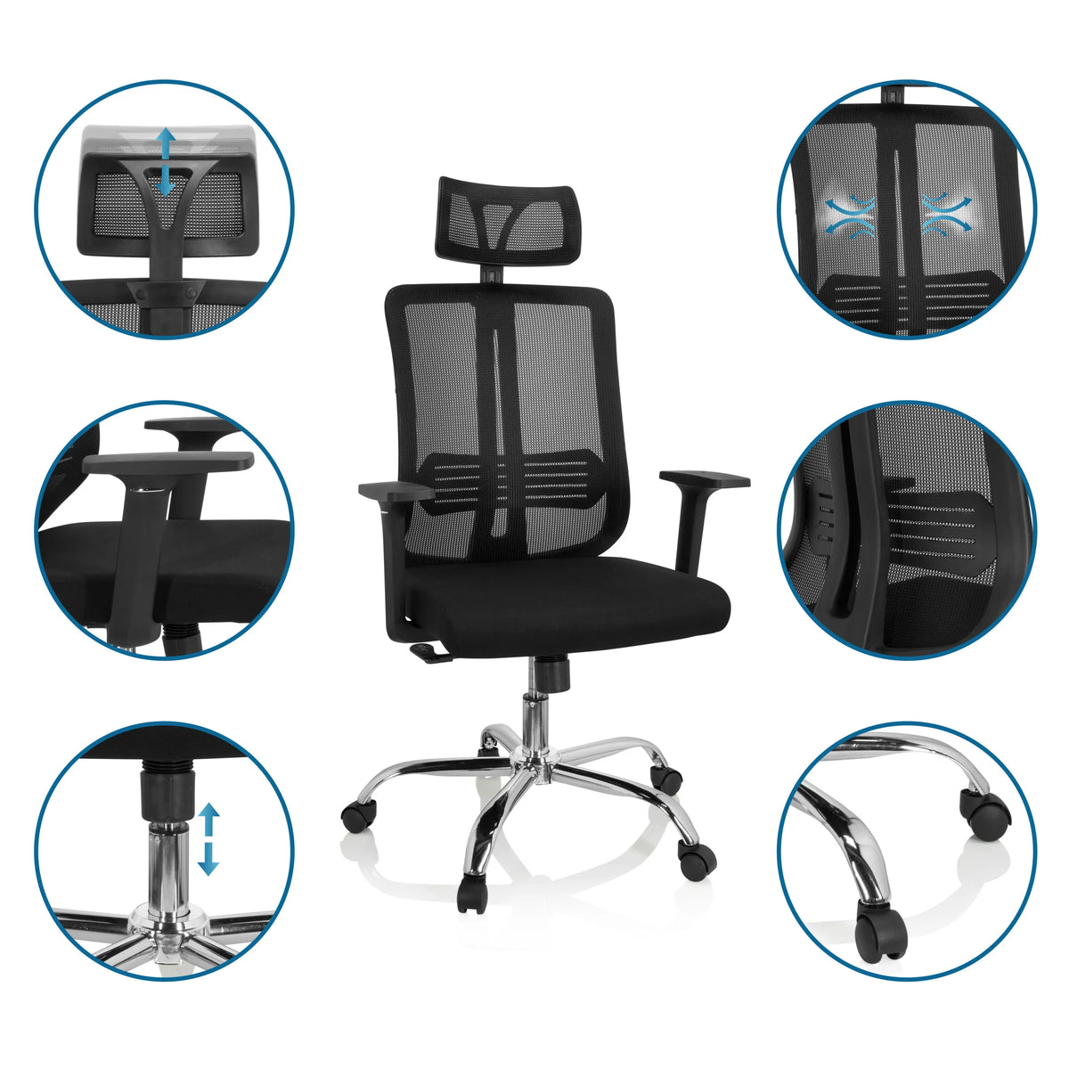 Silla Home Office ZH 200 en negro con reposacabezas ajustable y resorte de gas de hjh OFFICE