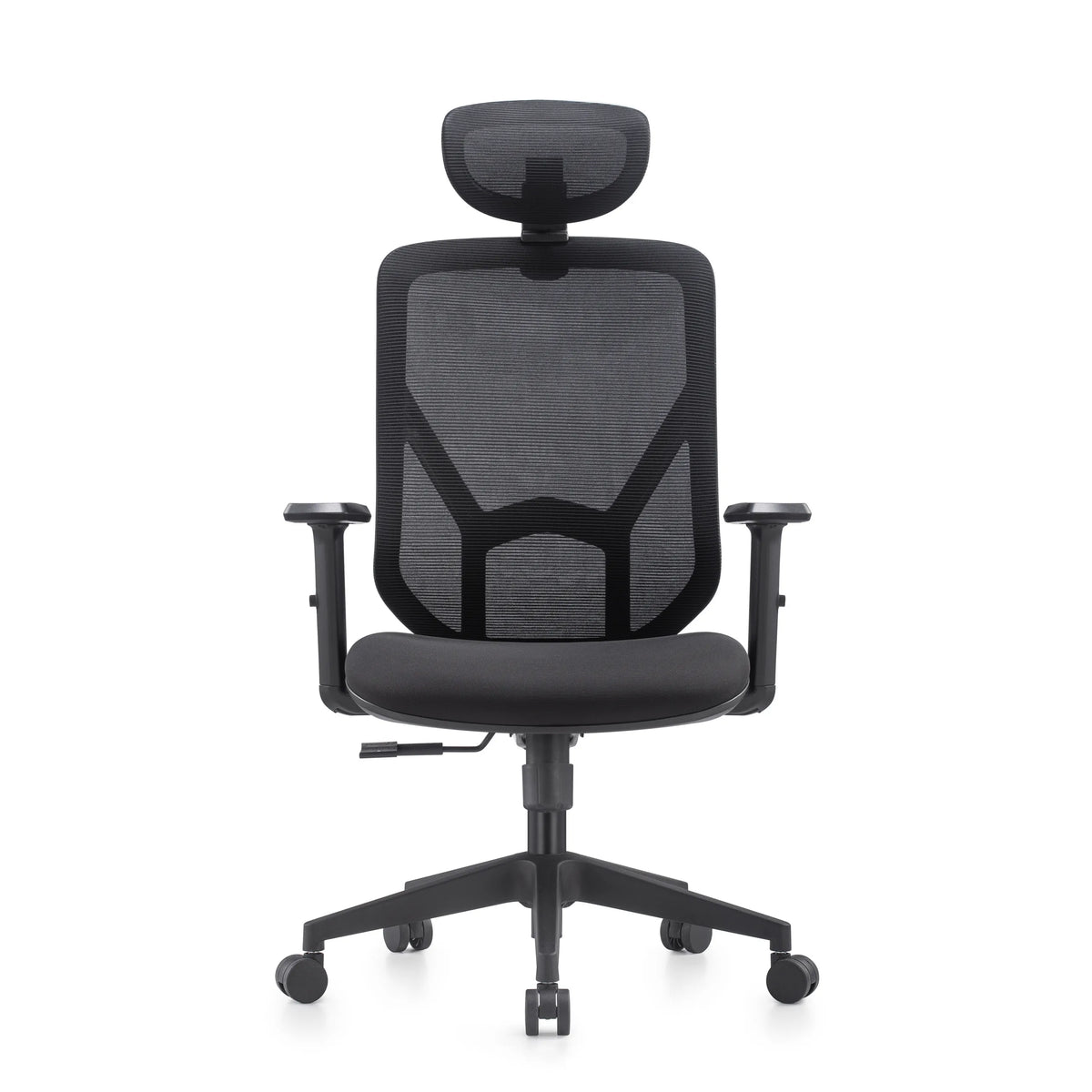Silla Home Office BLACORE en negro con respaldo de malla, reposacabezas y reposabrazos ajustables de MyBuero