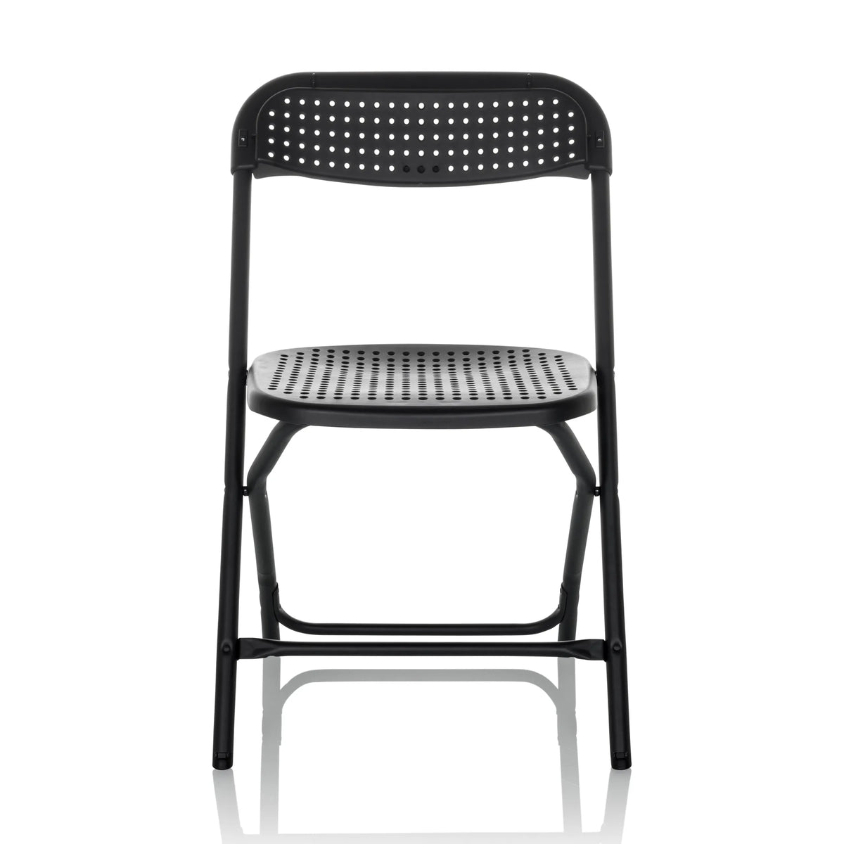 Silla de exterior negra TUDELA XXL PRO con asiento y respaldo perforados de hjh OFFICE – vista de 360° (vista frontal 0°)