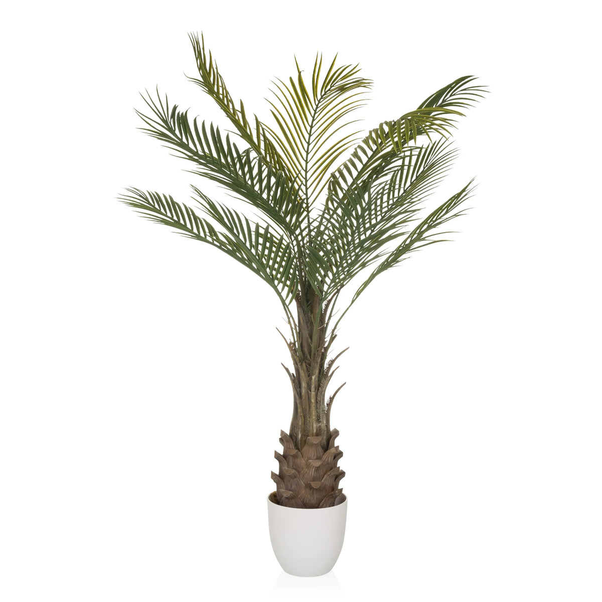 Planta artificial verde DRACAENA en forma de palmera con maceta blanca de hjh OFFICE – vista de 360° (vista lateral 90°)