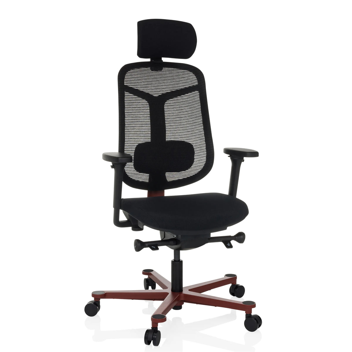 Silla alta gama BICOLORE HIGH negra con respaldo de malla, reposacabezas y base de cinco ruedas en color rojo de hjh OFFICE – vista de 360° (vista frontal 15°)