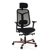 Silla alta gama BICOLORE HIGH negra con respaldo de malla, reposacabezas y base de cinco ruedas en color rojo de hjh OFFICE – vista de 360° (vista frontal 15°)