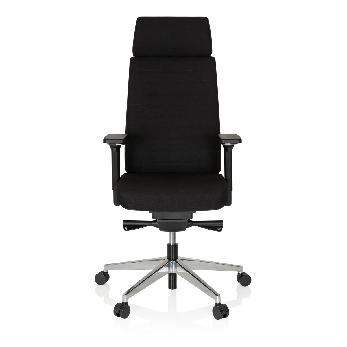 Silla de oficina profesional MOVE-TEC PRO 3D negra con reposacabezas y base de cinco ruedas de hjh OFFICE – vista de 360° (vista frontal 0°)