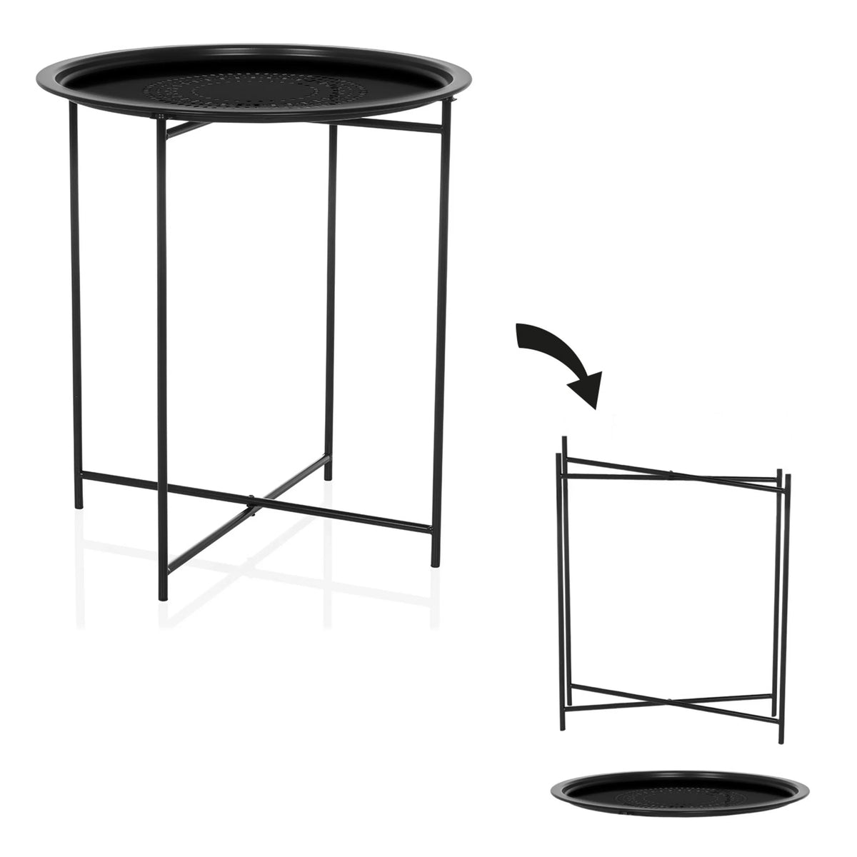 Vista explosionada de la mesa auxiliar ALLRUND en negro con tablero perforado de hjh LIVING
