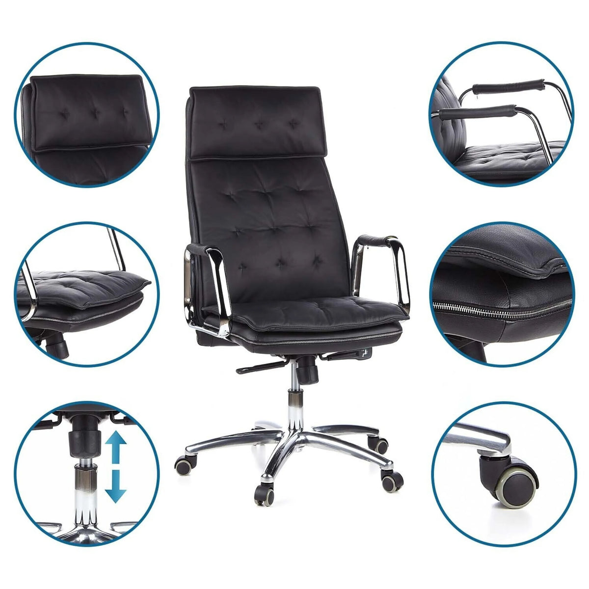 Sillón de oficina profesional VILLA 20 en negro con vistas detalladas del tapizado, el pistón de gas y las ruedas de hjh OFFICE