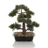 Planta artificial verde BONSAI en forma de bonsái en una maceta negra con guijarros de hjh OFFICE – vista de 360° (vista lateral 90°)