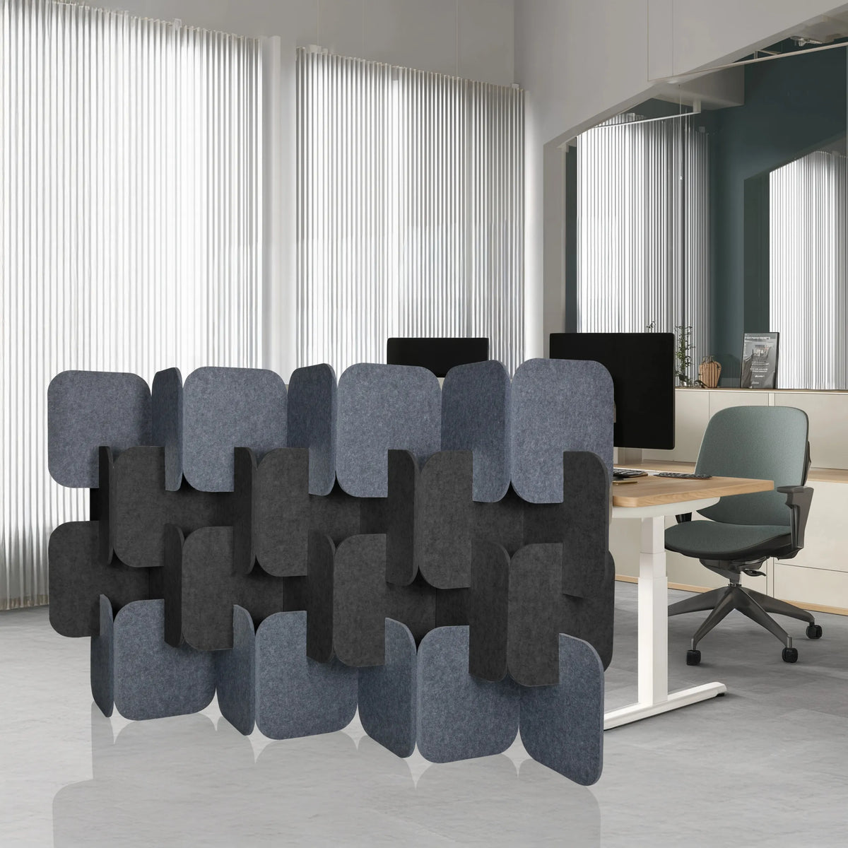 Separadores FLEXMIUT PLUG en gris y gris oscuro en disposición modular de hjh OFFICE