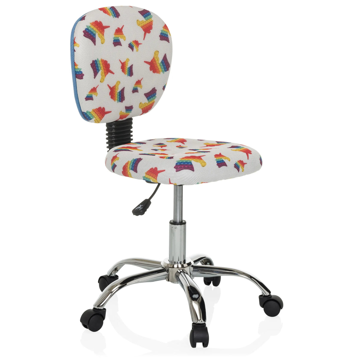 Silla giratoria para niños KID BUBBLE con motivo de arcoíris colorido y base de cinco ruedas de hjh OFFICE – vista de 360° (vista frontal en diagonal 45°)