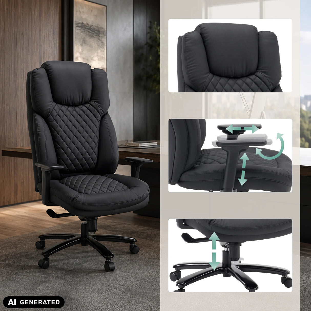 Silla giratoria XXL Pullmann Gen2 de cuero sintético negro con reposabrazos ajustables y pistón de gas de hjh OFFICE