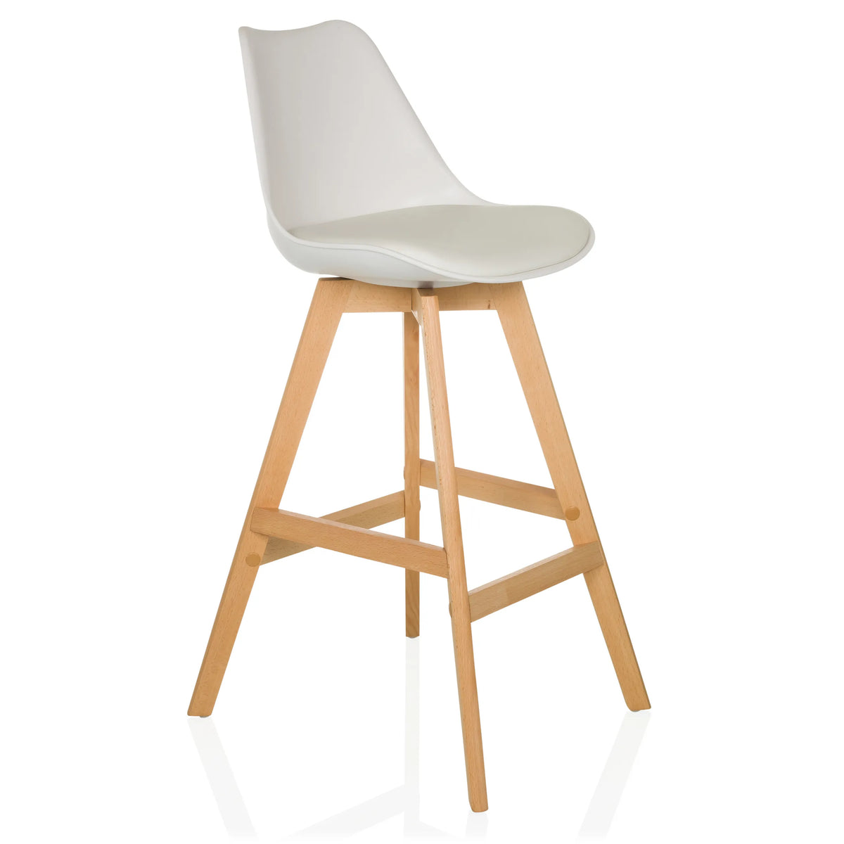 Taburete de bar blanco SCANDI HIGH con estructura de madera y reposapiés de hjh LIVING – vista de 360° (vista frontal en diagonal 45°)