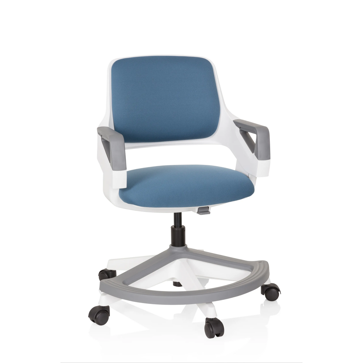 Silla giratoria para niños KID FLEX en color azul grisáceo con reposabrazos y base de cinco ruedas de hjh OFFICE – vista de 360° (vista frontal 20°)