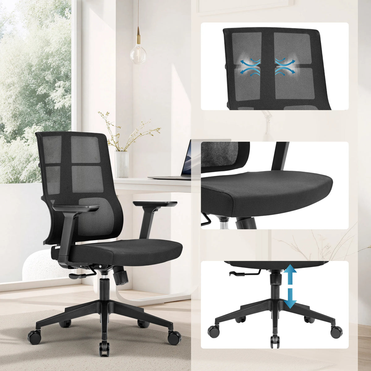 Silla de oficina profesional SPINIO en negro con respaldo transpirable y pistón de gas regulable en altura de hjh OFFICE