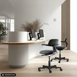 Dos sillas de trabajo WORK 40 gris oscuro en un mostrador de recepción curvo de hjh OFFICE (imagen generada por IA)