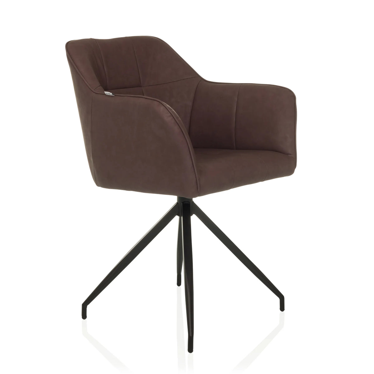 Silla de comedor ELVERUM SPU en color marrón oscuro con estructura de cuatro patas de hjh LIVING – vista de 360° (vista frontal en diagonal 45°)