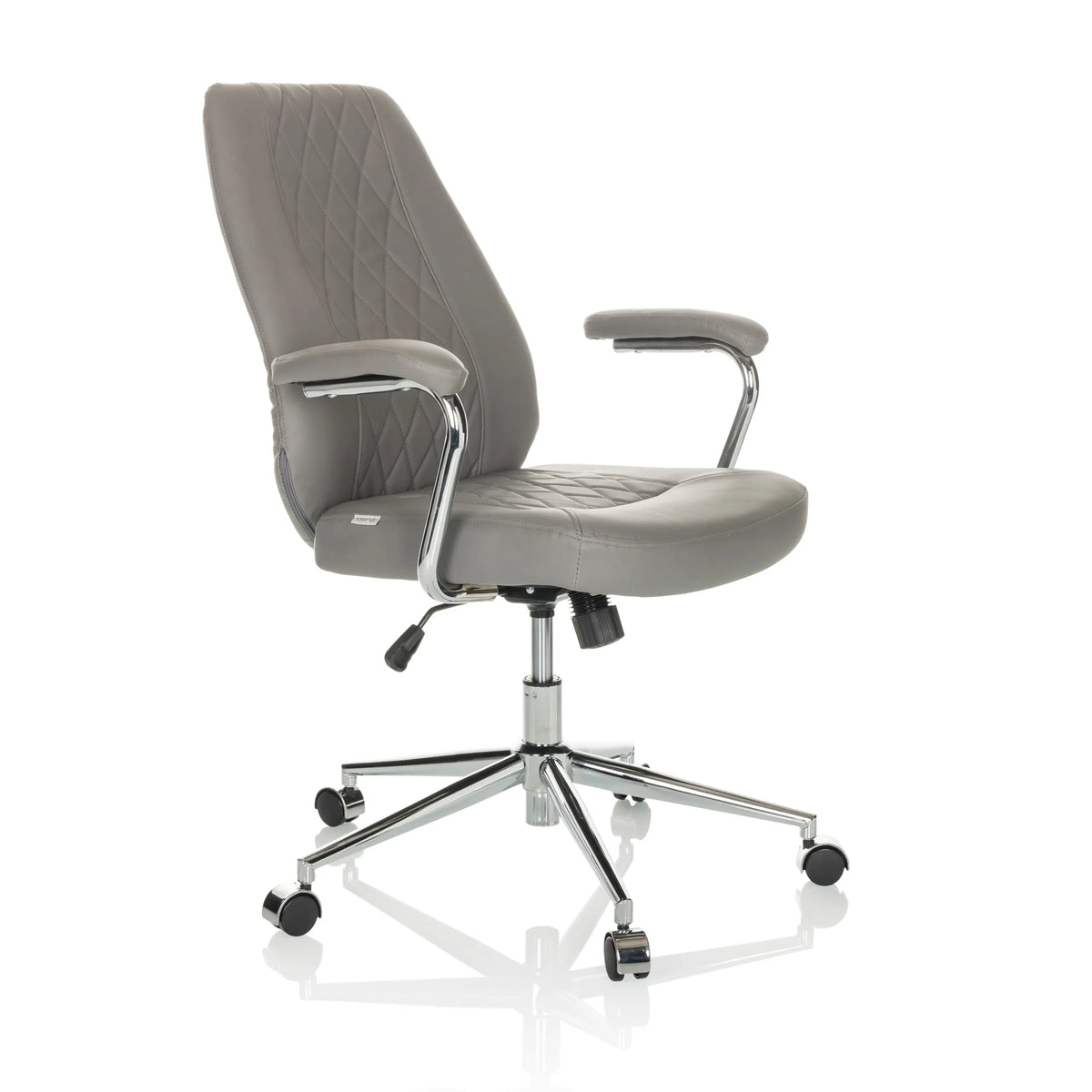 Sillón de oficina Home Office THEO I gris con respaldo acolchado y base de cinco ruedas de hjh OFFICE – vista de 360° (vista frontal en diagonal 45°)