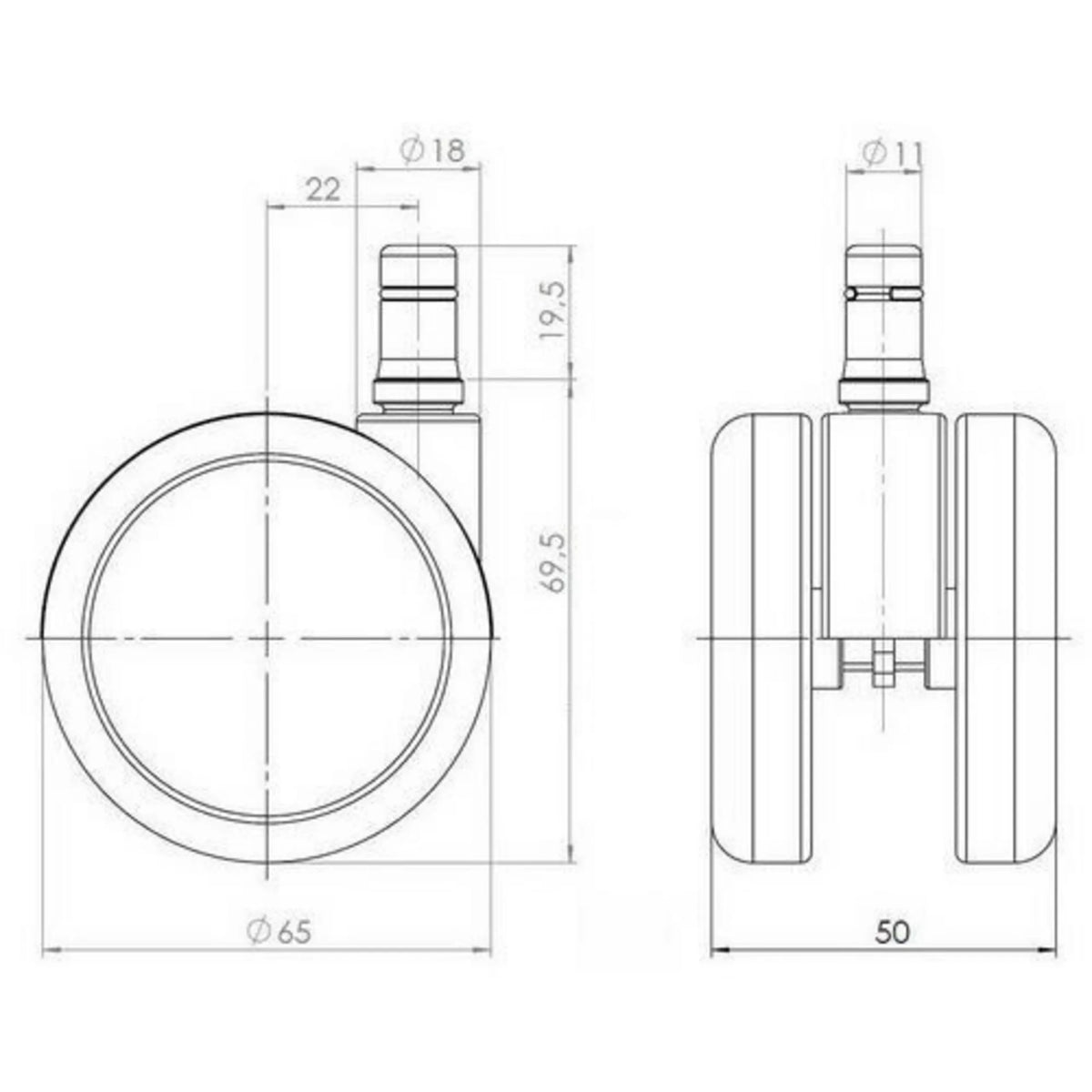 Dibujo técnico de las Ruedas para sillas 5x ROLO 11mm/65mm con un diámetro de 65 mm de hjh OFFICE