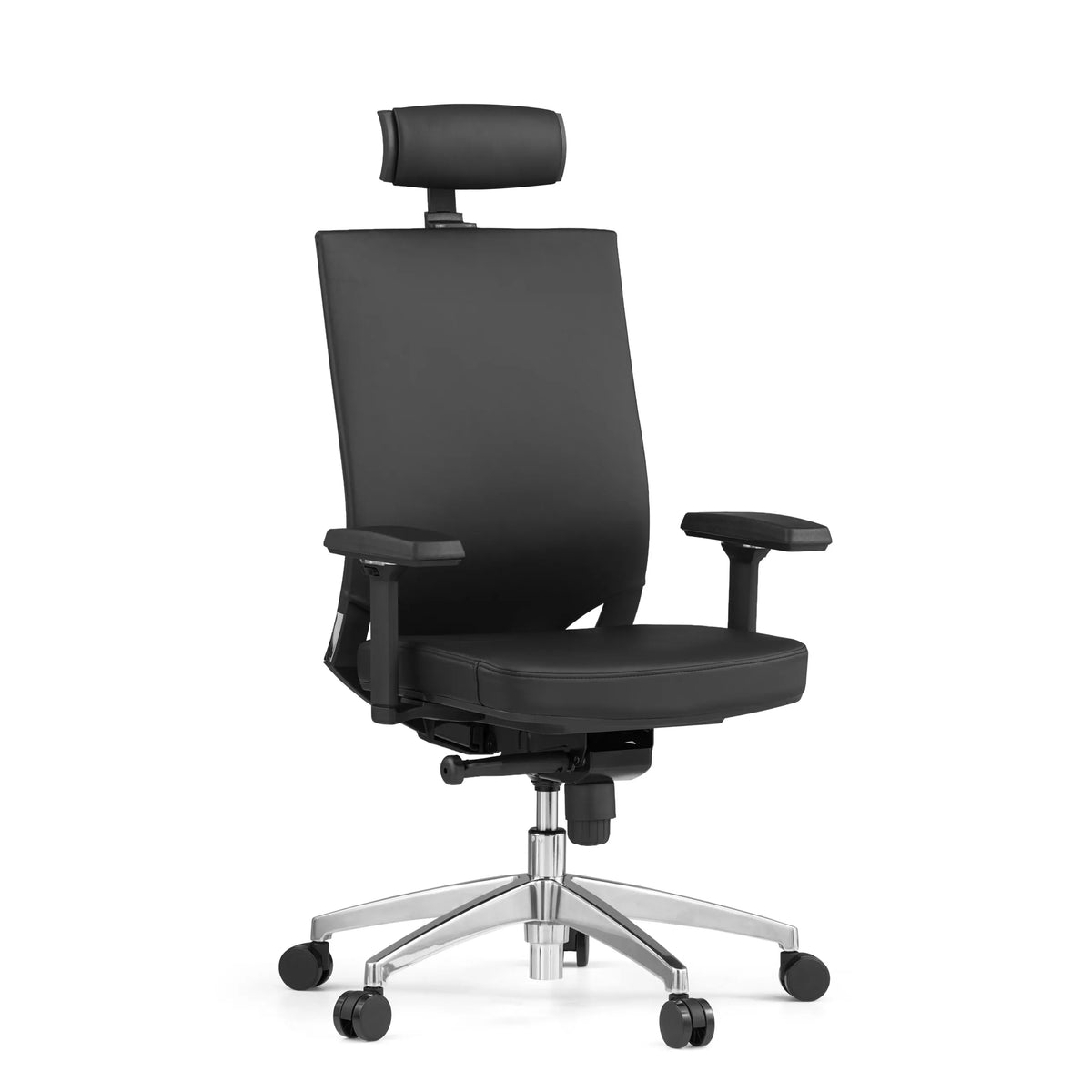 Silla de oficina profesional PORTO MAX HIGH negra de cuero con reposacabezas y base de cinco ruedas de hjh OFFICE – vista de 360° (vista frontal en diagonal 30°)